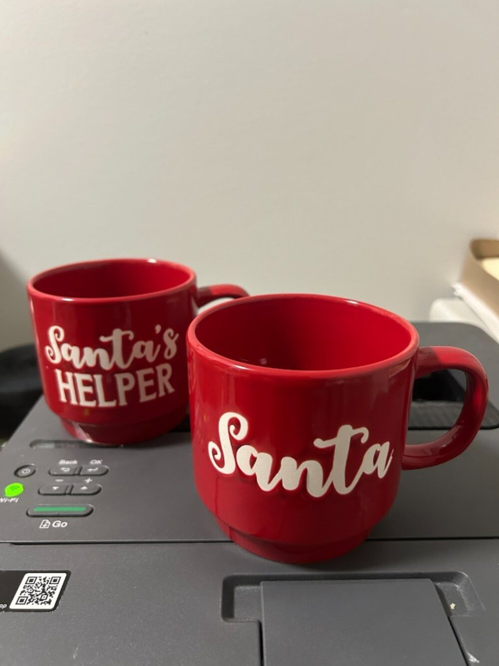 Set of 2 Ceramic Holiday Christmas Theme Santa and Santa's Helper Coffee Cups